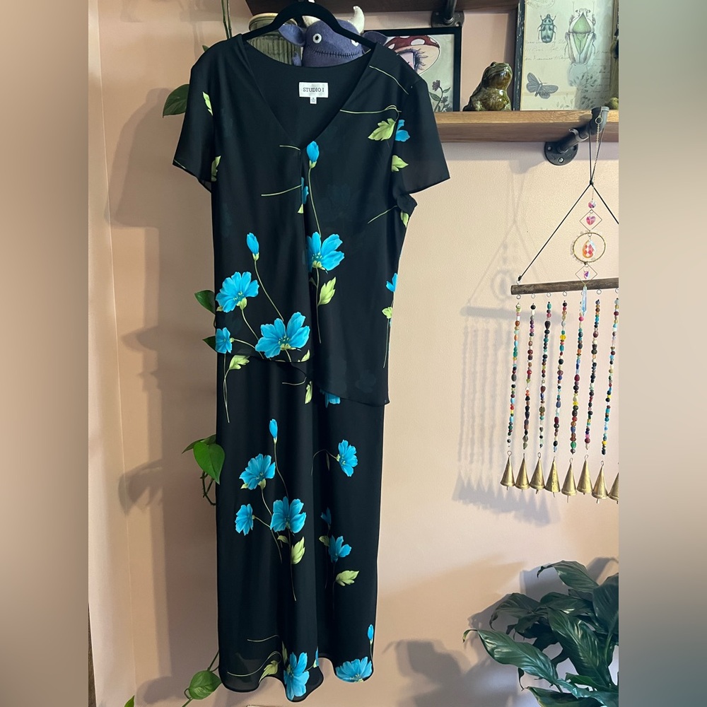 Vintage 90s Studio I Black Dress with Blue Floral Design size 18